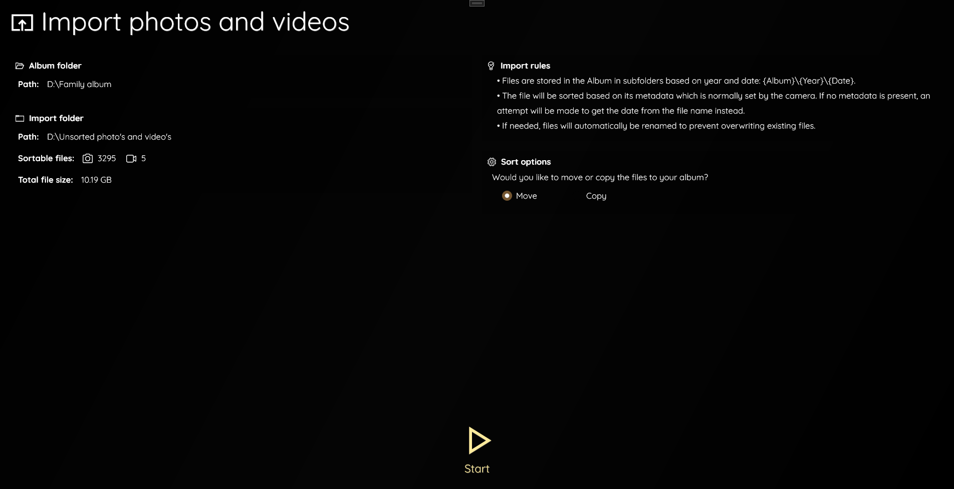 Example of the import screen showing several options and a summary of what will happen